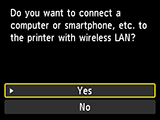 Wireless LAN connection screen: Connect a computer or smartphone, etc. to the printer with wireless LAN